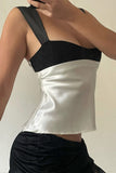 Greatnfb Satin Contrast Low Cut Tie-up Crop Top