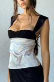 Greatnfb Satin Contrast Low Cut Tie-up Crop Top