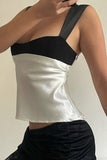 Greatnfb Satin Contrast Low Cut Tie-up Crop Top