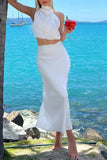 Greatnfb Satin Mock Neck Sleeveless Crop Top Midi Skirt Suits