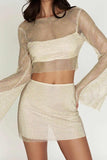 Greatnfb Sequins Mesh Crop Top Mini Skirt Set