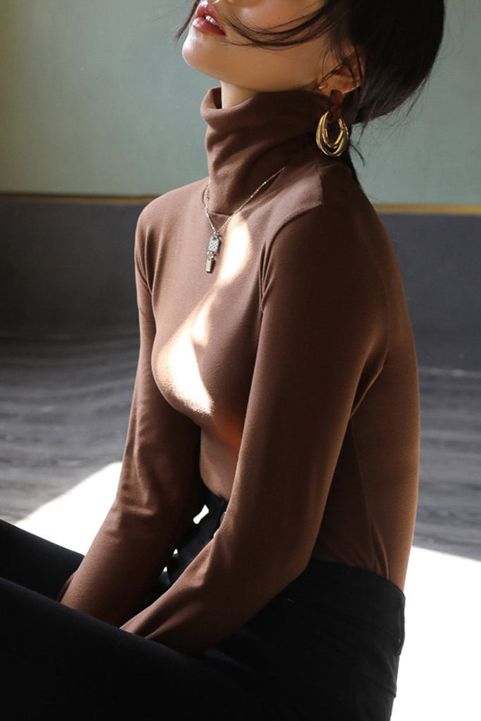 Greatnfb Solid Color Long Sleeve Turtleneck Top