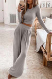 Greatnfb Solid Color Ribbed Crop Top Long Pants Set