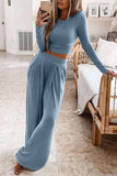 Greatnfb Solid Color Ribbed Crop Top Long Pants Set