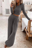 Greatnfb Solid Color Ribbed Crop Top Long Pants Set