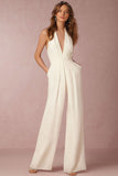 Greatnfb Solid Color V Neck Halter Jumpsuits