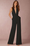 Greatnfb Solid Color V Neck Halter Jumpsuits