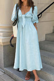 Greatnfb Solid Color Puff Sleeve Knot Midi Dress