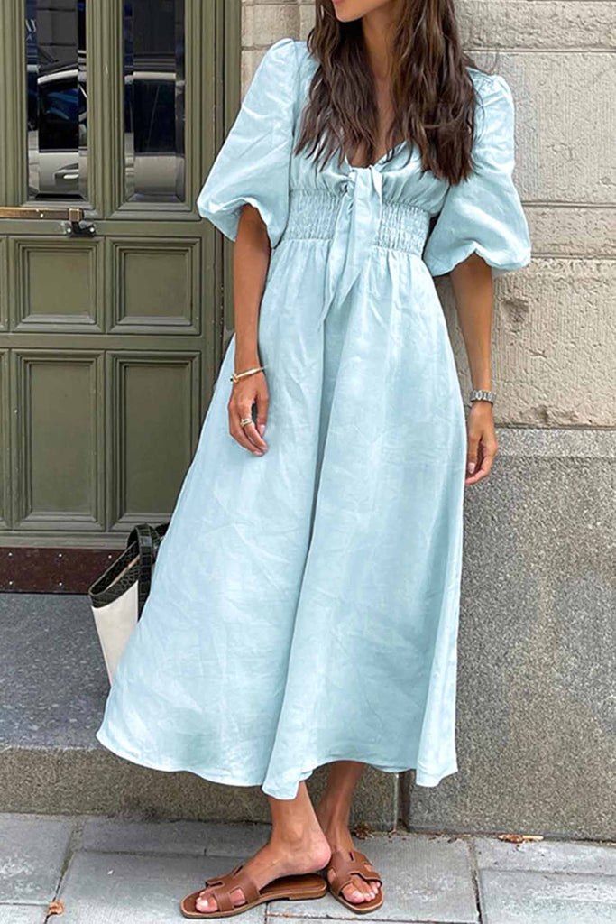 Greatnfb Solid Color Puff Sleeve Knot Midi Dress