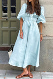 Greatnfb Solid Color Puff Sleeve Knot Midi Dress
