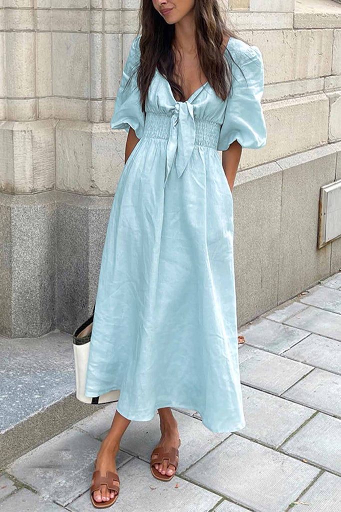 Greatnfb Solid Color Puff Sleeve Knot Midi Dress