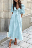 Greatnfb Solid Color Puff Sleeve Knot Midi Dress