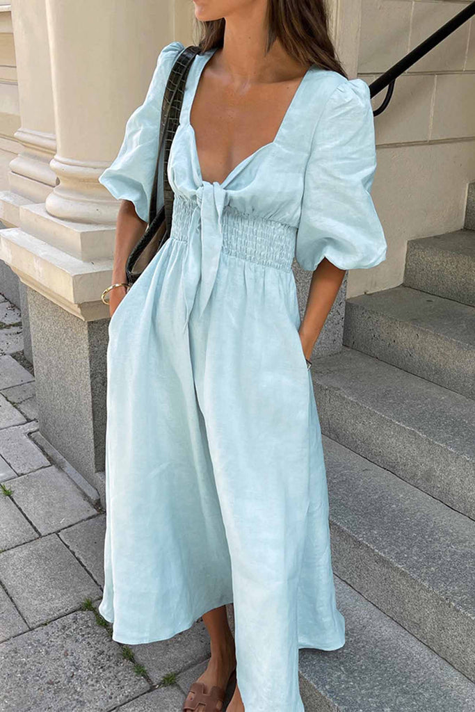 Greatnfb Solid Color Puff Sleeve Knot Midi Dress