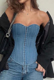 Greatnfb Strapless Tie Back Denim Crop Top