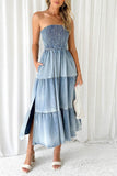 Greatnfb Strapless Tiered Slit Denim Dress