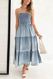 Greatnfb Strapless Tiered Slit Denim Dress