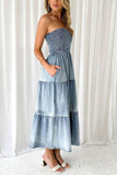 Greatnfb Strapless Tiered Slit Denim Dress