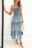 Greatnfb Strapless Tiered Slit Denim Dress