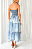 Greatnfb Strapless Tiered Slit Denim Dress