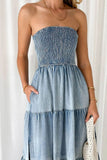 Greatnfb Strapless Tiered Slit Denim Dress