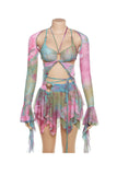 Greatnfb Tie Dyed Fringe Vest Cover-up Three-piece Skirt Suits