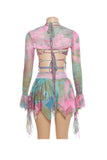 Greatnfb Tie Dyed Fringe Vest Cover-up Three-piece Skirt Suits