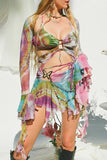 Greatnfb Tie Dyed Fringe Vest Cover-up Three-piece Skirt Suits