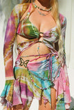 Greatnfb Tie Dyed Fringe Vest Cover-up Three-piece Skirt Suits