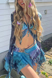 Greatnfb Tie Dyed Fringe Vest Cover-up Three-piece Skirt Suits