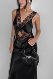 Greatnfb V Neck Lace Cutout Satin Pack Hip Dress