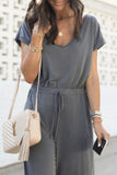 Greatnfb V Neck Short Sleeve Elastic Waist Jumpsuits