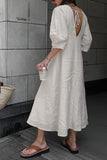 Greatnfb V Neck Single-breasted Cotton Linen A-line Dress