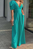 Greatnfb V Neck Puff Sleeve Backless Bow Wide Leg Jumpsuit