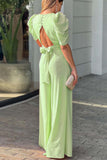 Greatnfb V Neck Puff Sleeve Backless Bow Wide Leg Jumpsuit