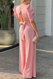 Greatnfb V Neck Puff Sleeve Backless Bow Wide Leg Jumpsuit