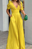 Greatnfb V Neck Puff Sleeve Backless Bow Wide Leg Jumpsuit