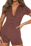 Greatnfb Solid Color Button Lapel Short Sleeve Rompers